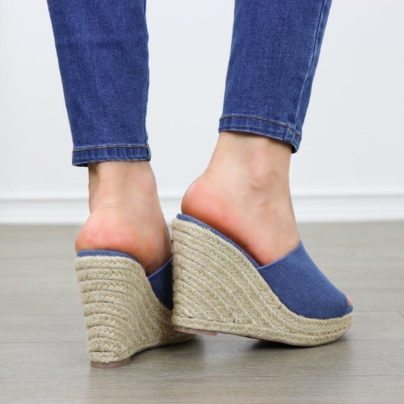 Blue Denim Slip On Espadrille Wedge Sandals - Picture 7 of 9